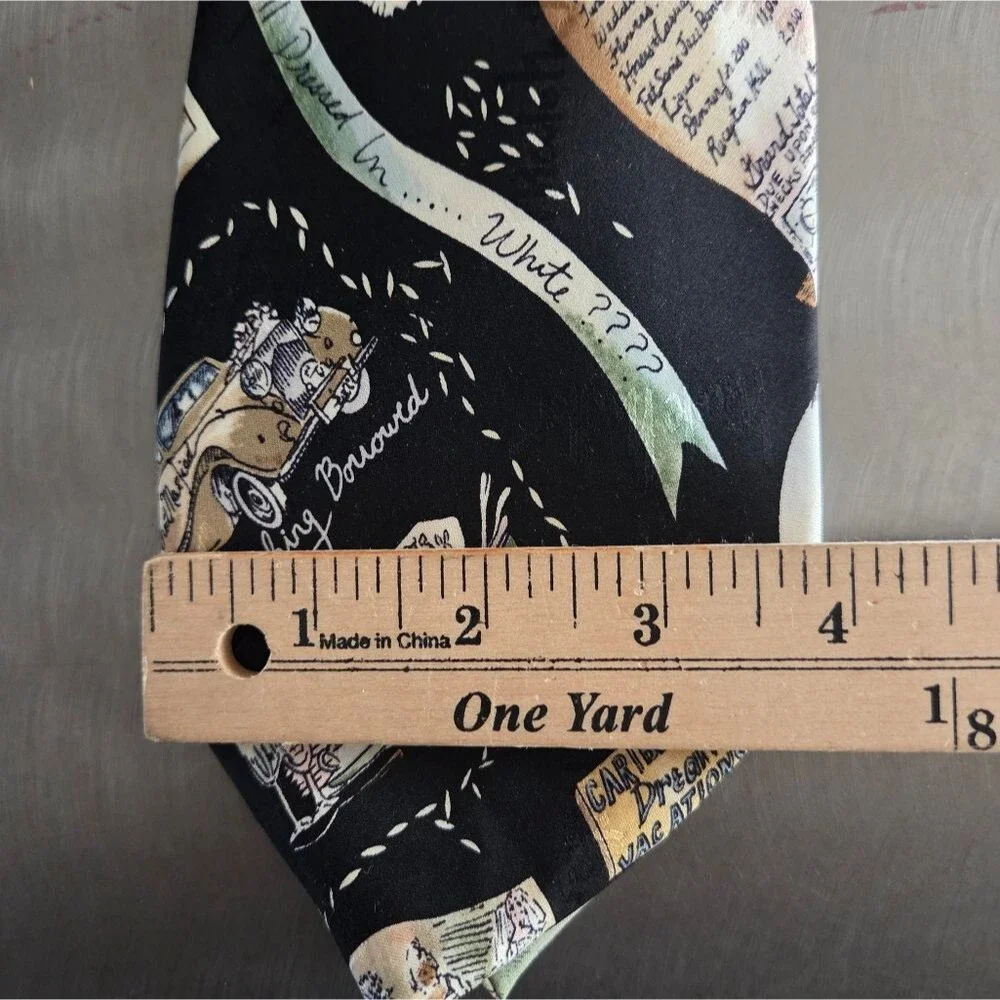 Nicole Miller Vintage 90s Multi Color Black Wedding Bride Groom Motif Silk Tie